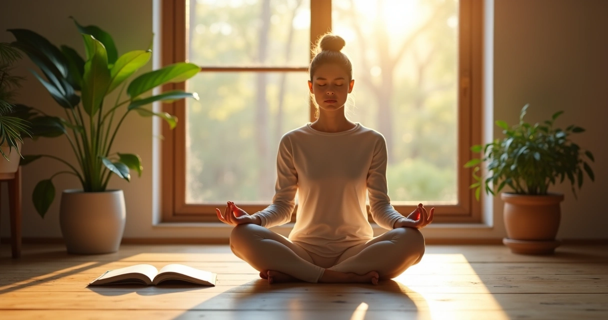 Pessoa sentada meditando em ambiente iluminado pela manhã