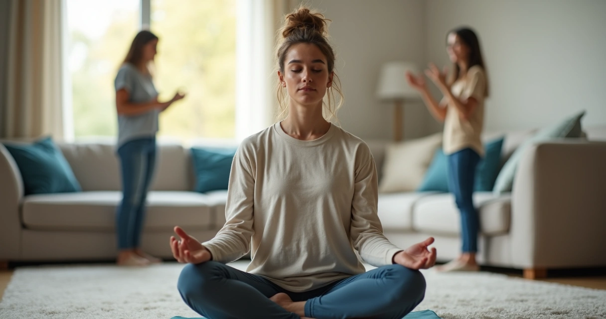 Pessoa meditando em meio a discussao desfocada ao fundo 