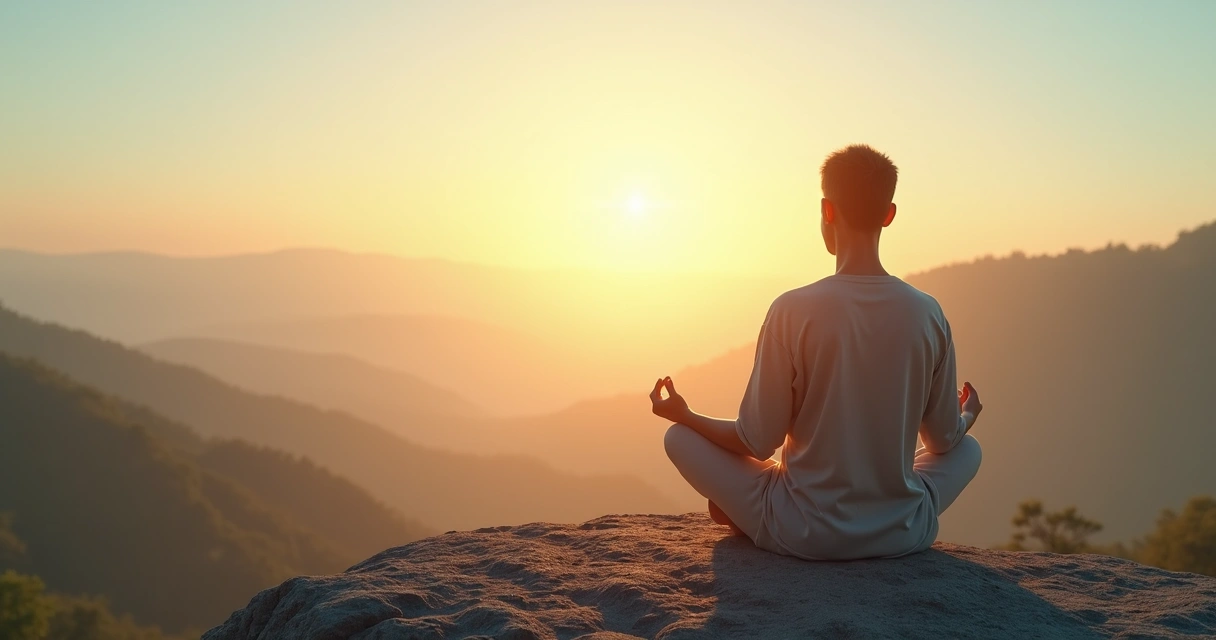 Pessoa meditando ao amanhecer com luz suave envolvendo a cabeça 