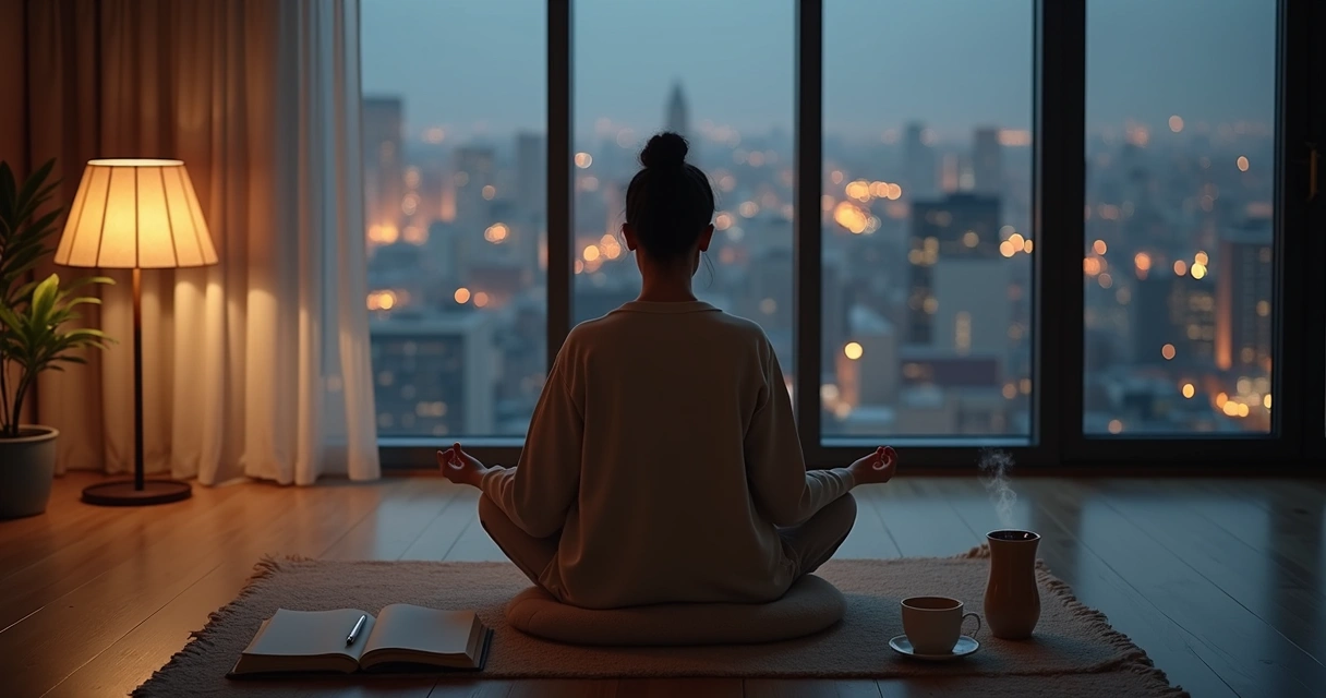 Pessoa meditando em frente à janela com cidade à noite ao fundo 