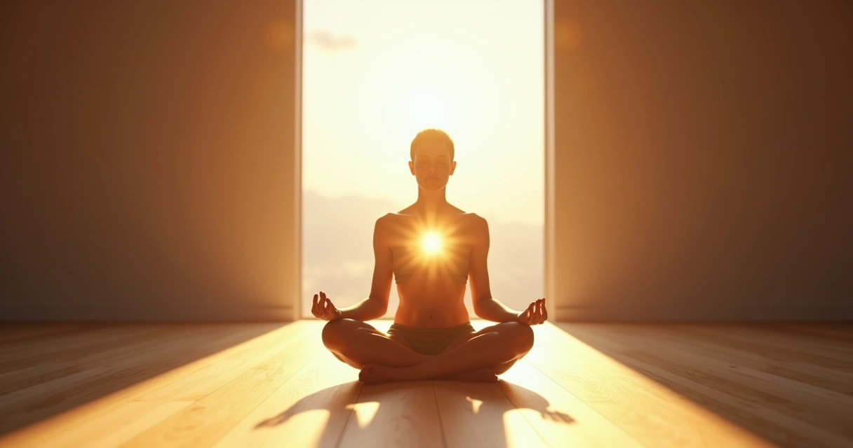 Pessoa sentada em meditação, rodeada por luz suave