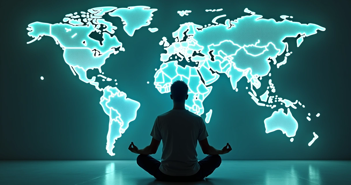 Pessoa meditando diante de um mapa do mundo, linhas de conexão entre países 