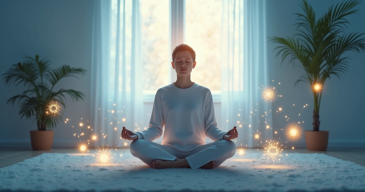 Pessoa sentada em meditação, luz suave em volta, símbolos neurais e espirituais integrados 