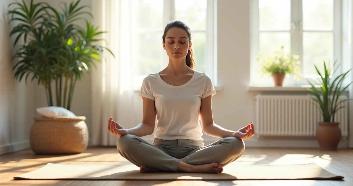 Pessoa em posição de meditação sentada em sala tranquila 