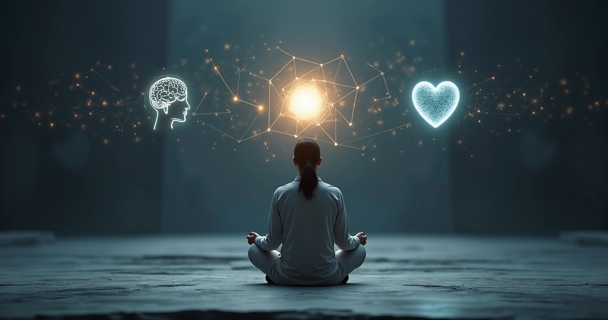 Pessoa meditando diante de formas geométricas e conexões luminosas representando consciência integrada 