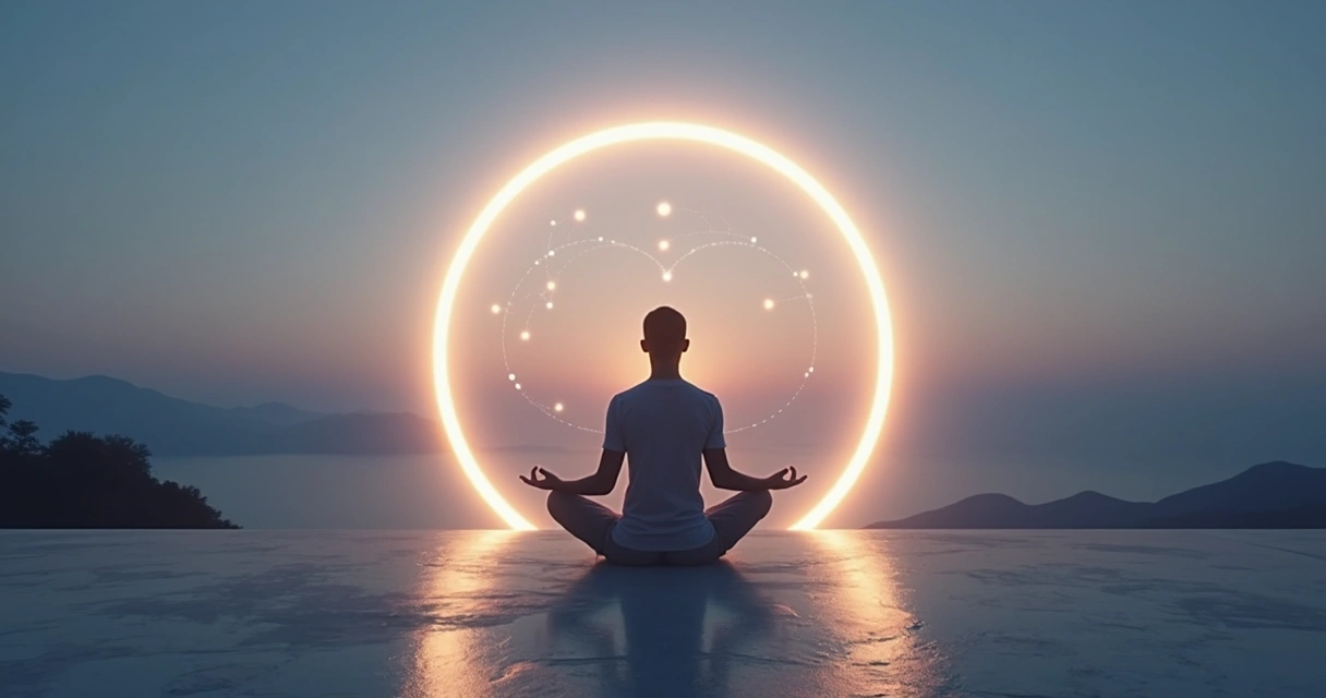 Pessoa meditando em frente a um círculo luminoso com linhas conectando mente e coração 