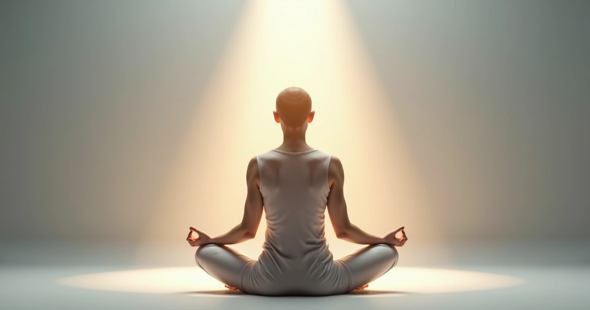 Pessoa sentada em postura de meditação, com luz suave sobre a cabeça, em ambiente tranquilo