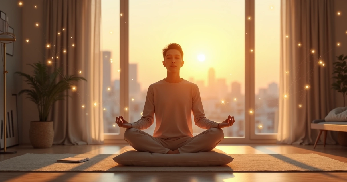 Pessoa meditando em casa com luz suave e conexão com o coletivo 