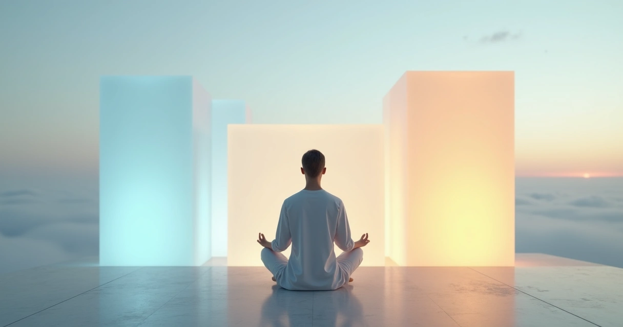 Pessoa meditando em posição de lótus diante de três pilares de luz 