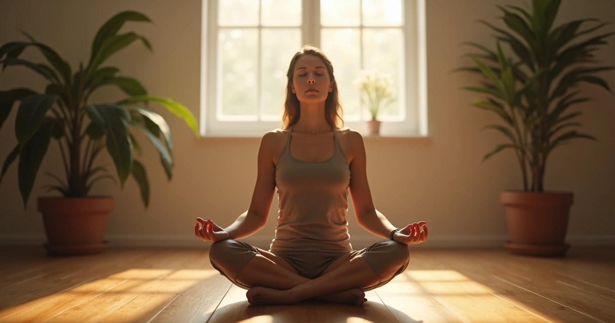 Pessoa em postura de meditação íntima, com luz suave ao redor