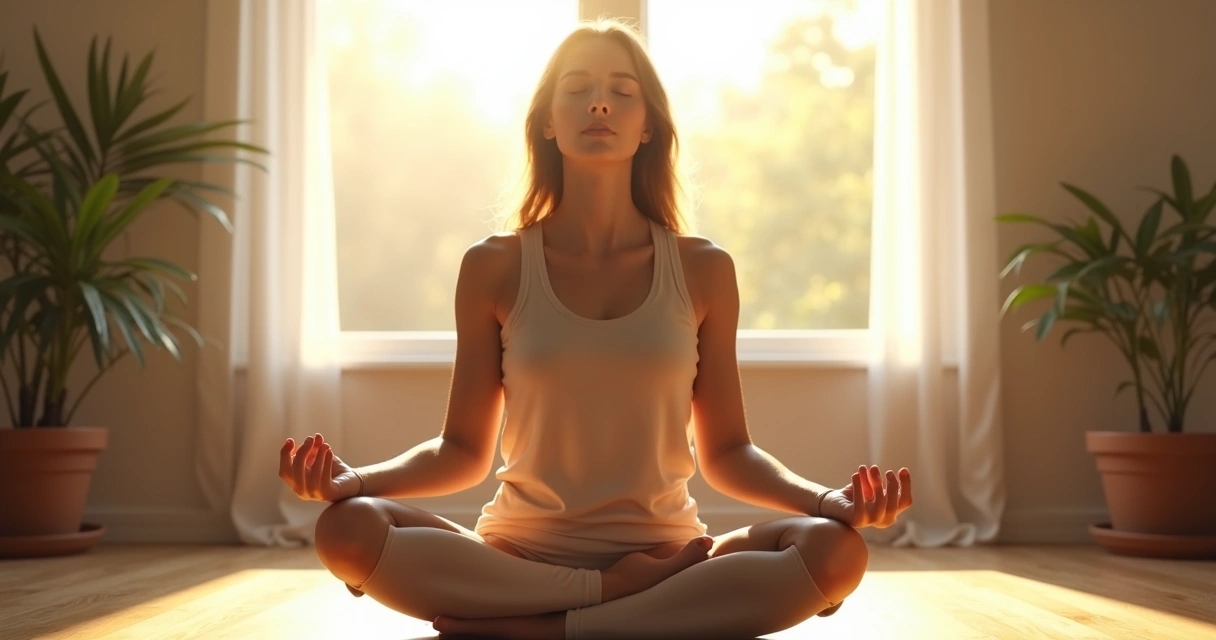 Pessoa sentada meditando em uma sala iluminada pela luz da manhã 