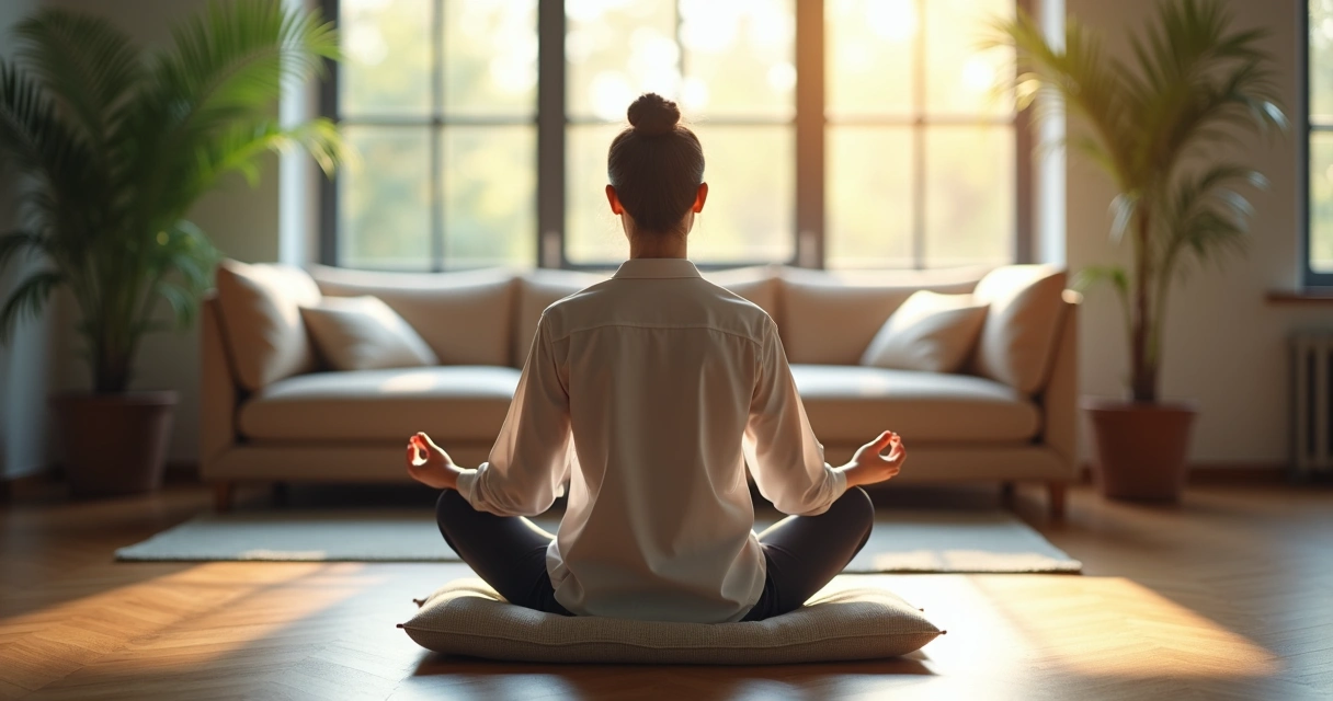 Profissional sentado em posição de meditação em sala de descanso de empresa, luz suave, ambiente tranquilo 