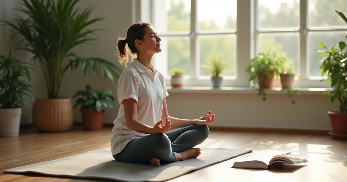 Pessoa sentada praticando meditação em ambiente tranquilo 