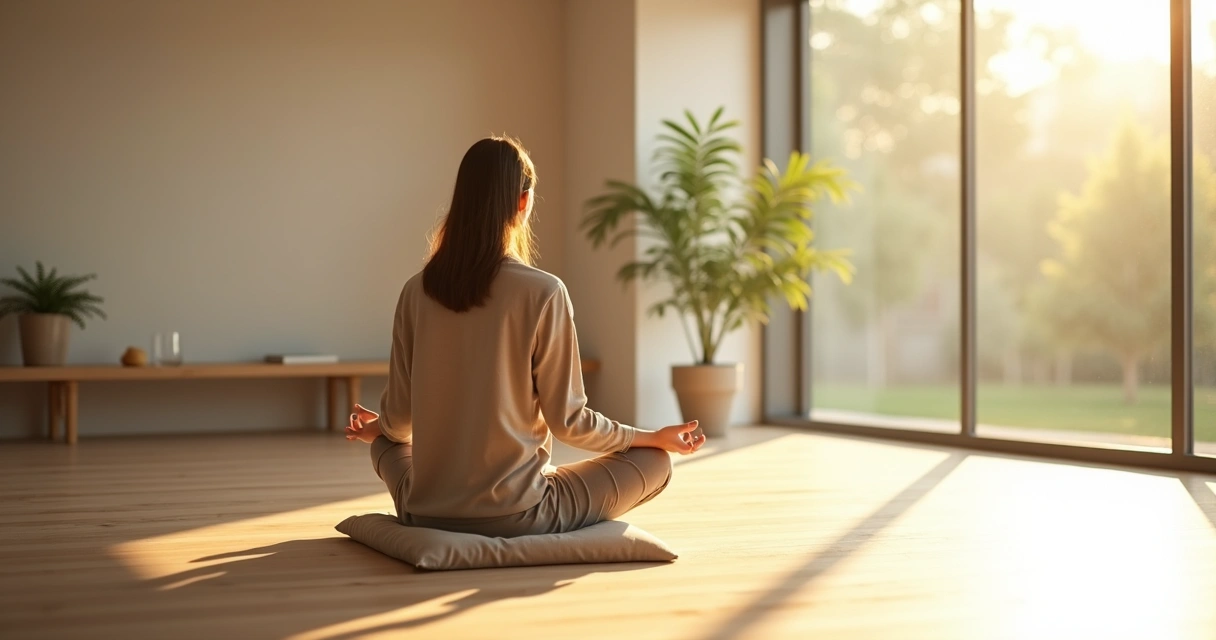 Pessoa sentada em postura de meditação em sala minimalista iluminada pelo sol 