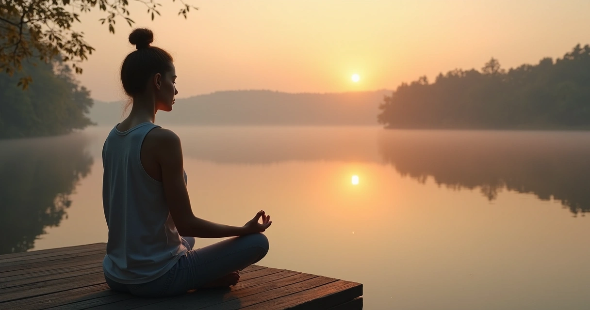 Pessoa sentada em posição de meditação em um ambiente natural e calmo 