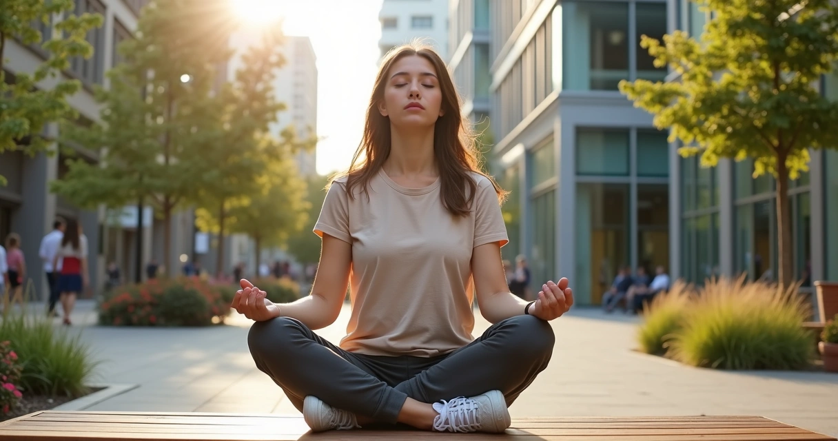 Pessoa sentada em posição de meditação em praça urbana com prédios ao fundo 