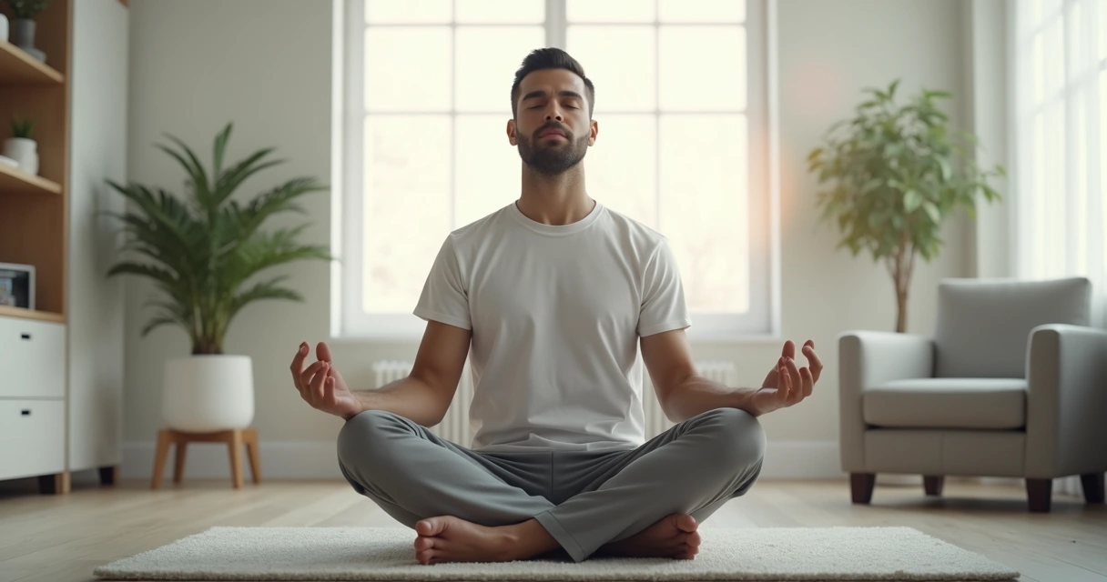 Homem sentado praticando meditação, consultório com elementos neutros 
