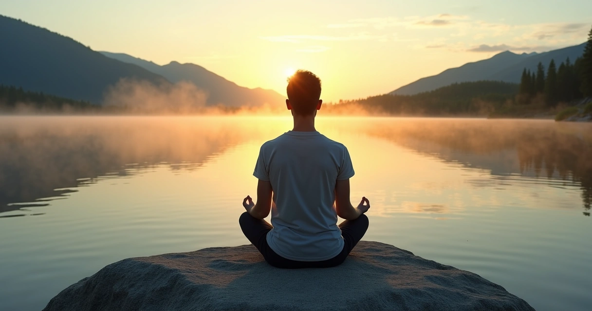 Pessoa sentada em meditação contemplativa diante de uma paisagem natural iluminada pelo sol 