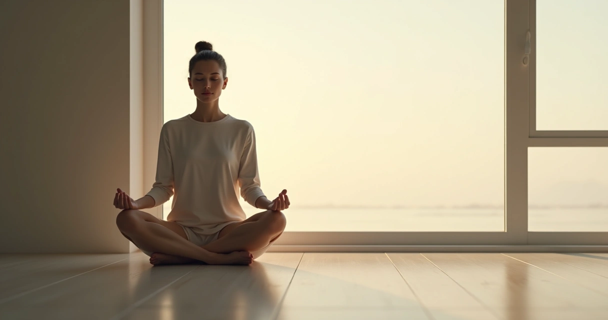 Pessoa sentada em posição de lótus, olhos fechados, ambiente tranquilo 
