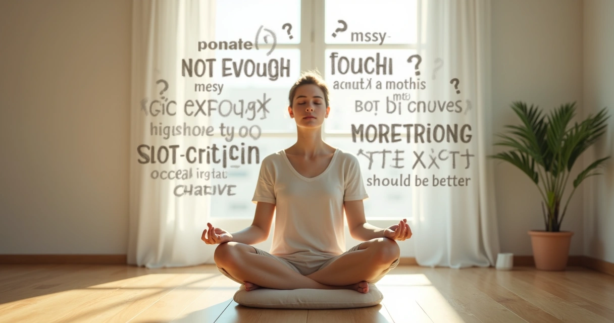Pessoa meditando em sala iluminada com pensamentos autocríticos se dissolvendo ao redor 