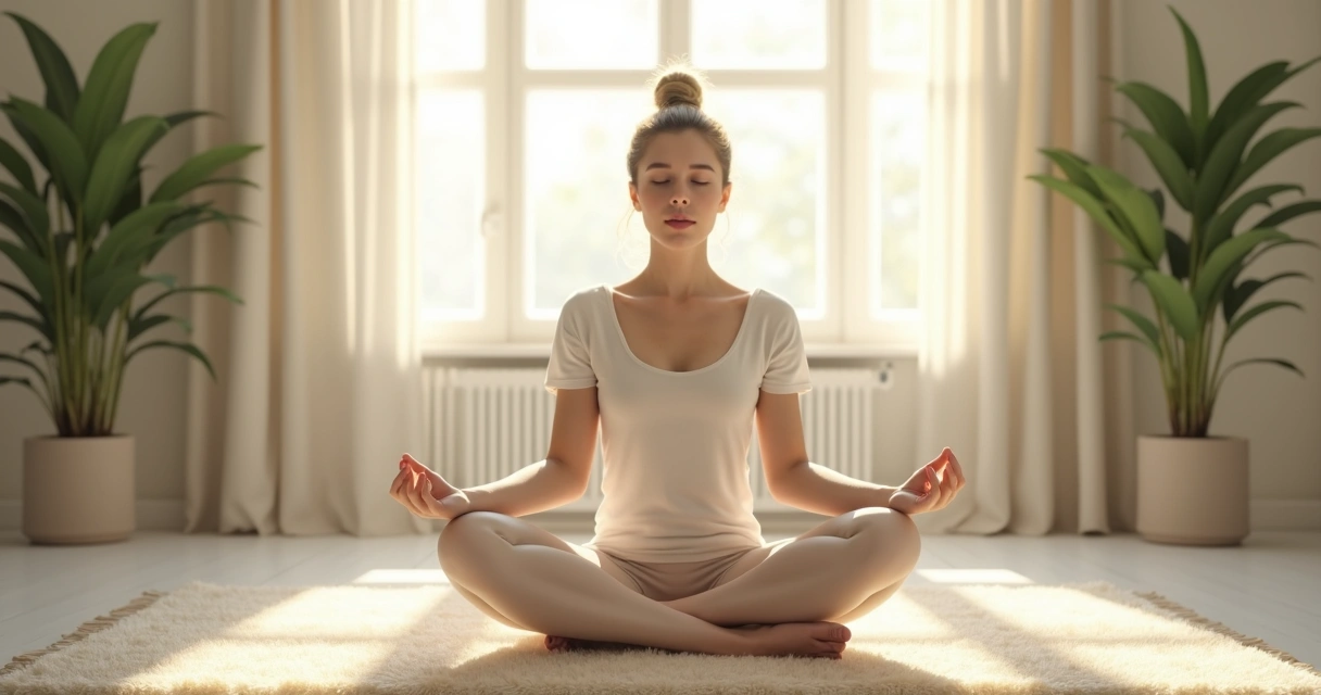 Pessoa sentada em posição de meditação em ambiente calmo 