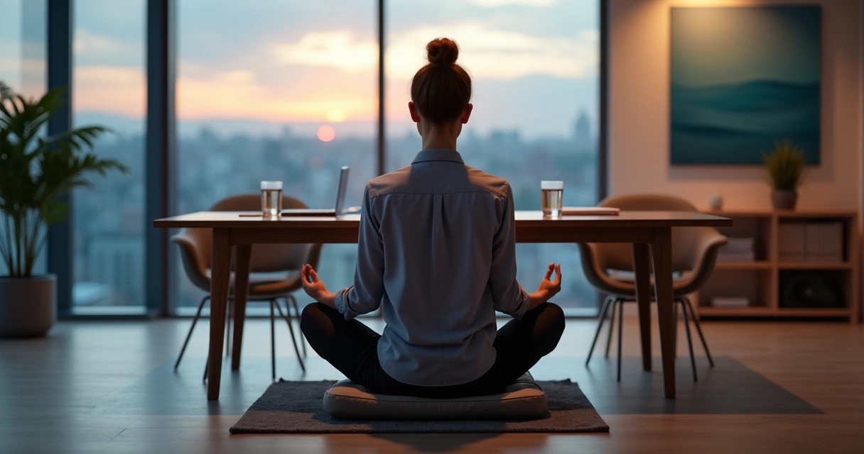 Pessoa meditando entre duas cadeiras vazias diante de mesa de reunião 
