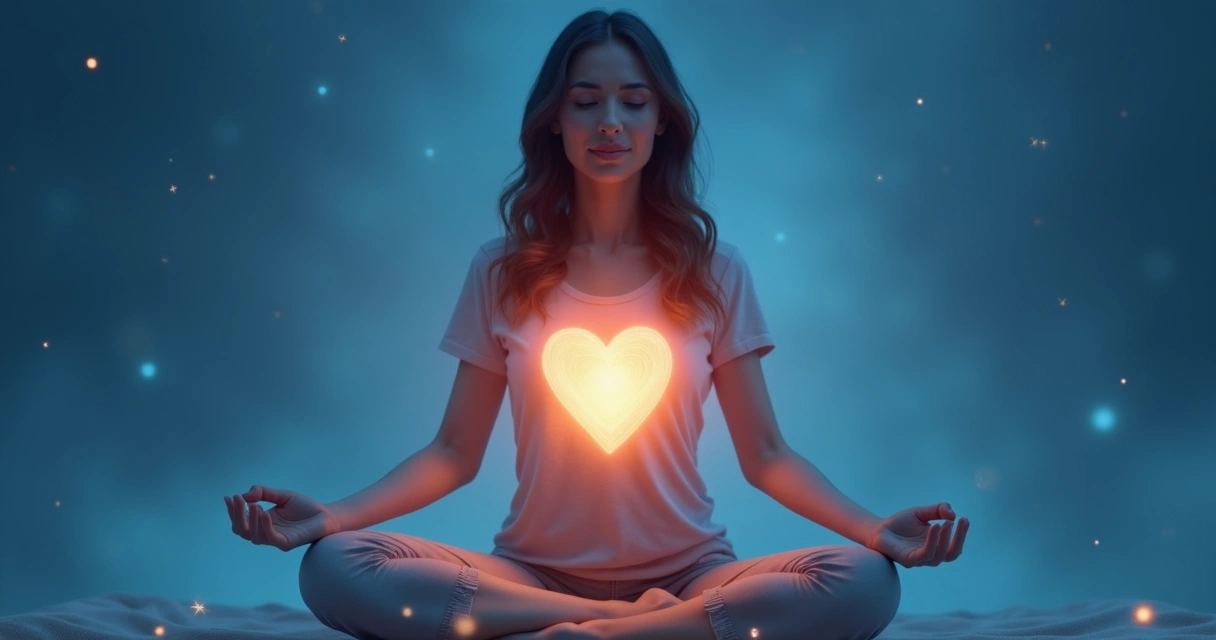 Pessoa meditando com símbolo de coração iluminado no peito, fundo azul suave 