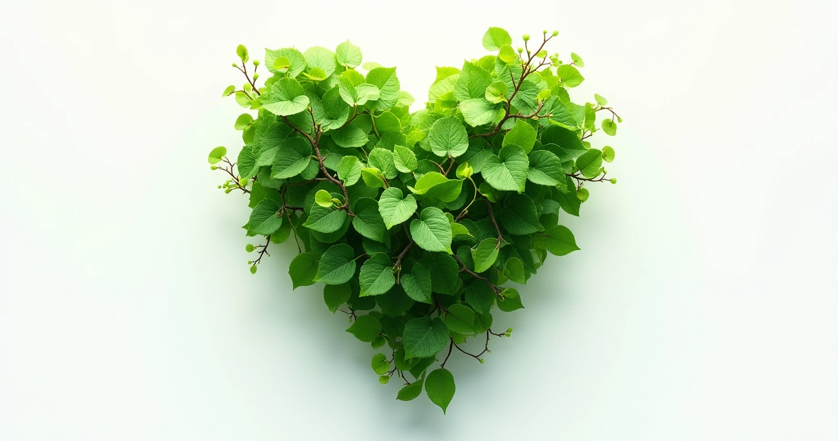 Coração desenhado com folhas verdes, conceito natural 