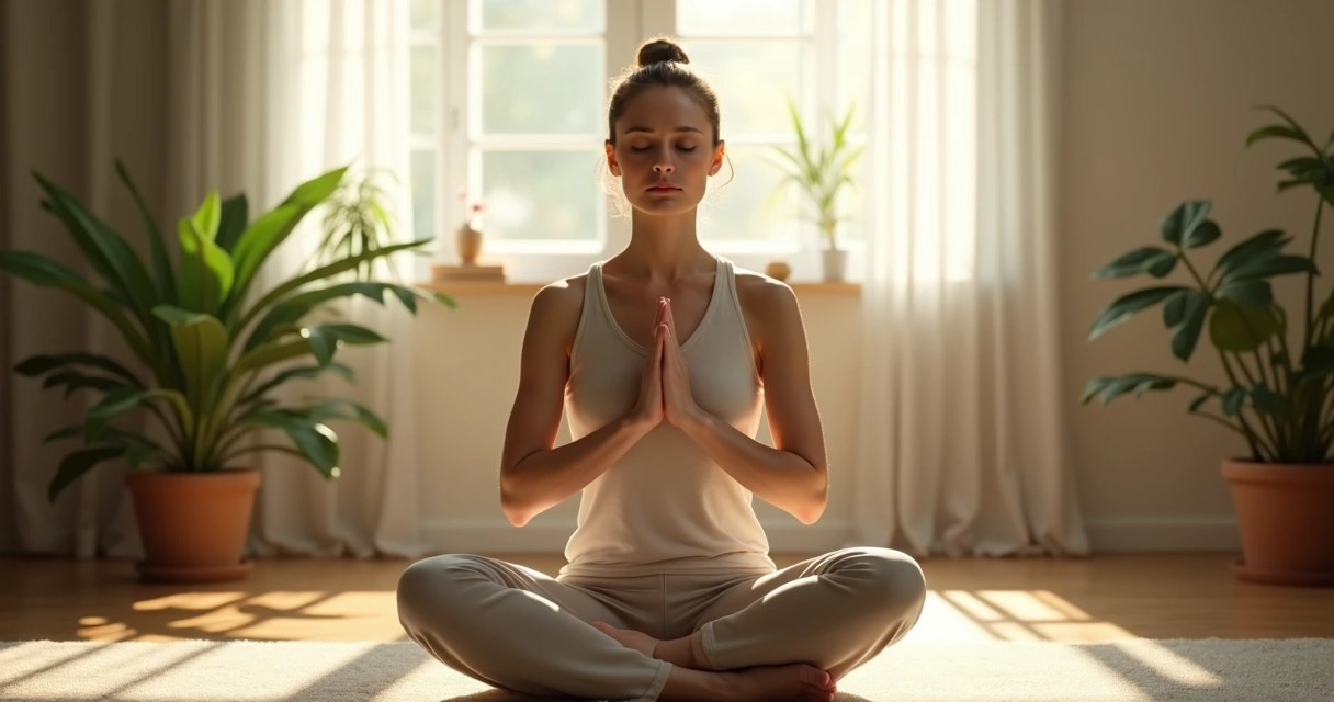 Pessoa sentada em postura de meditação com mãos unidas sobre o peito, olhos fechados e expressão tranquila, ambiente com plantas ao fundo 