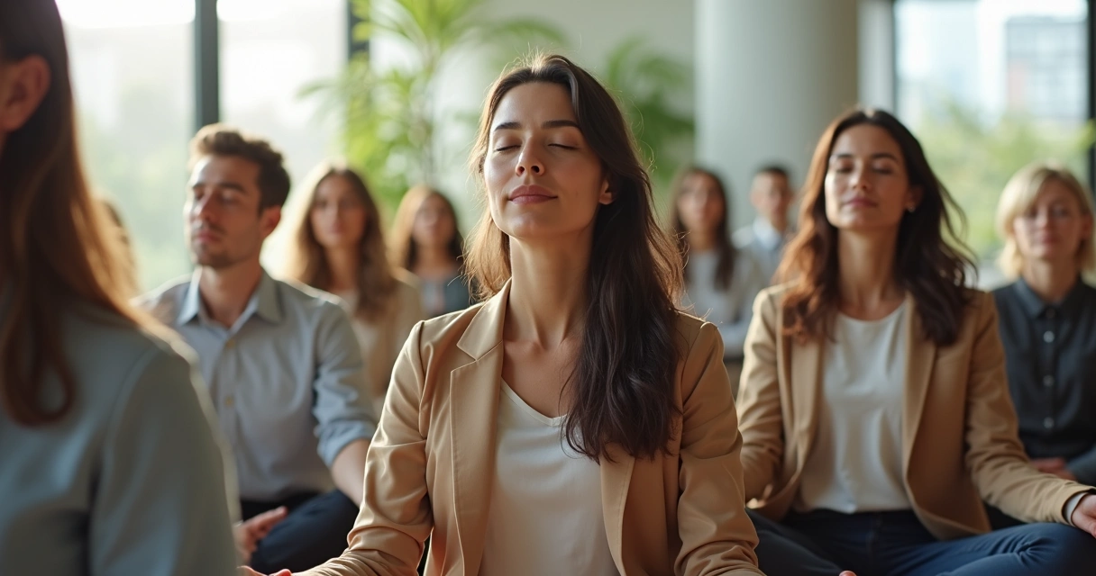 Colaboradores sentados meditando juntos em escritório de empresa