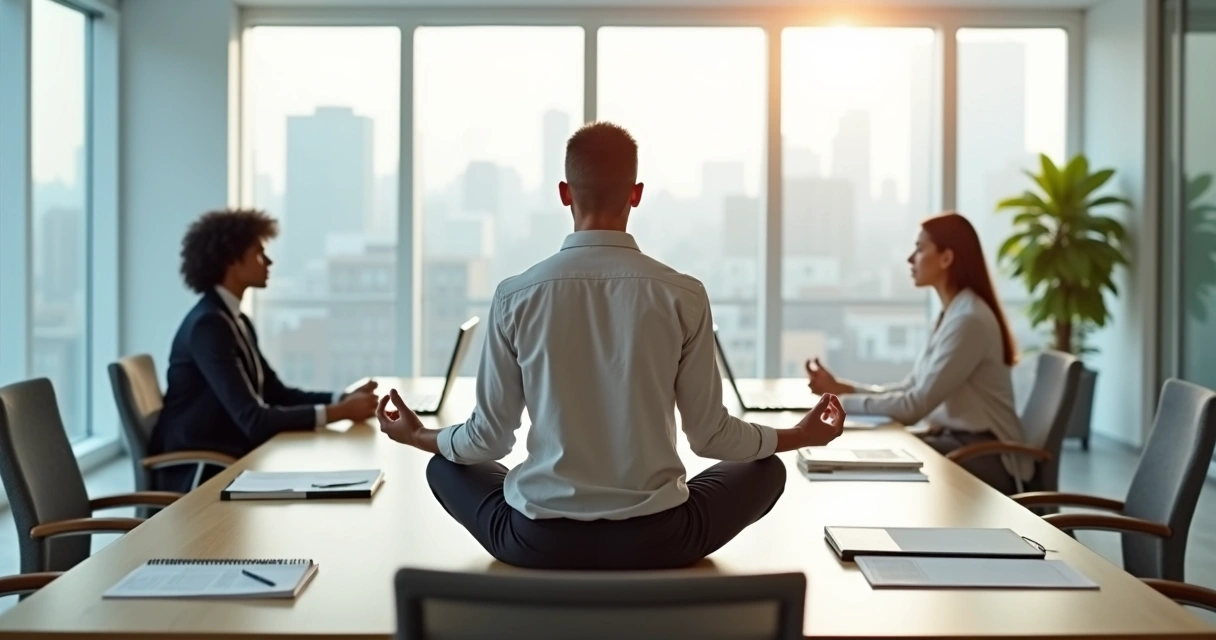 Profissional em postura de meditação em sala de reunião moderna 
