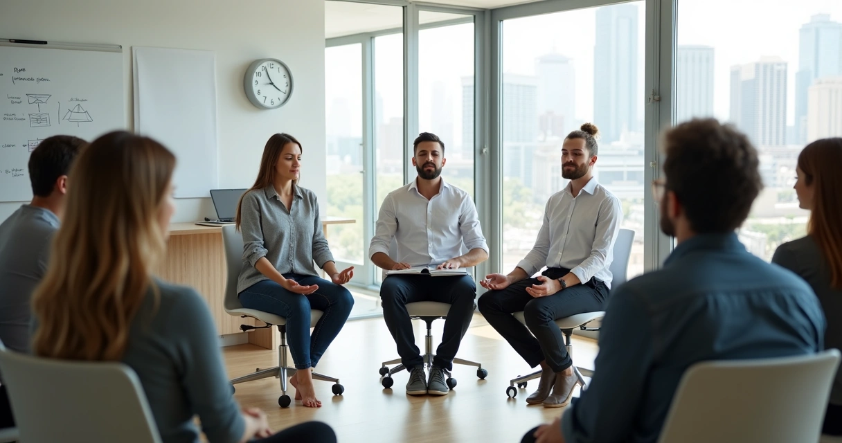 Profissionais em círculo meditando em sala de reunião moderna 