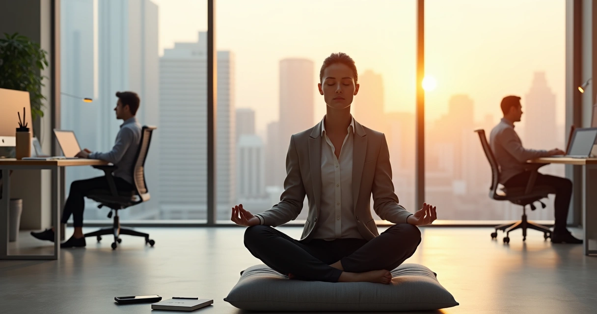 Profissional sentado em postura de meditação em escritório moderno 