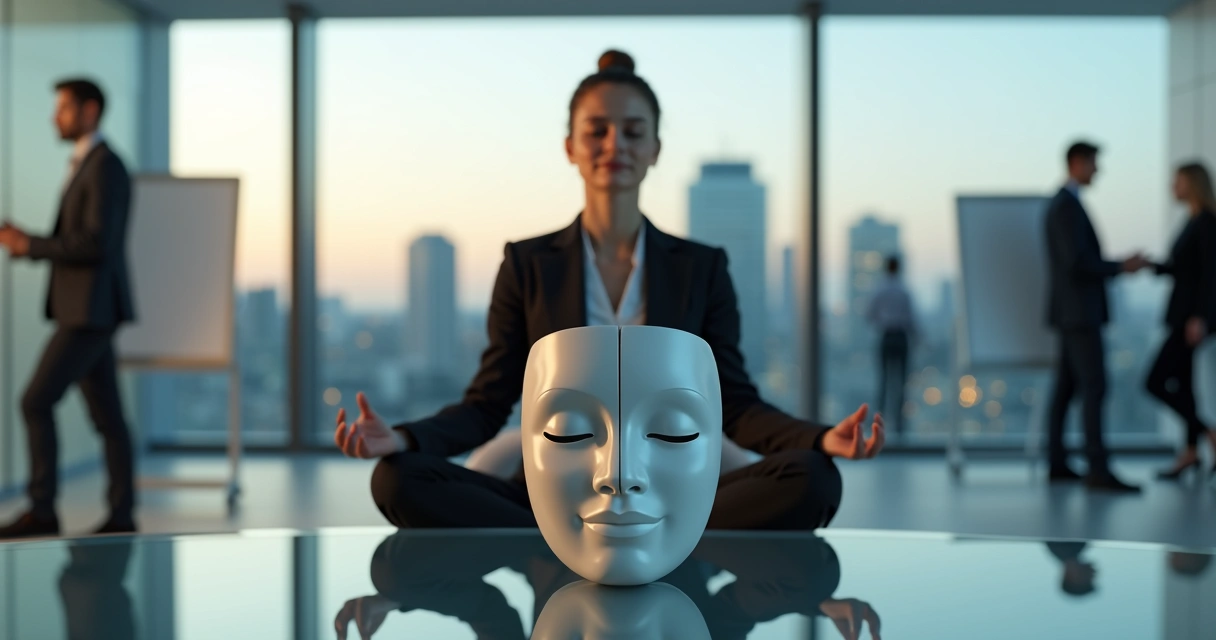 Funcionário meditando com máscara rachada refletida em sala de escritório 