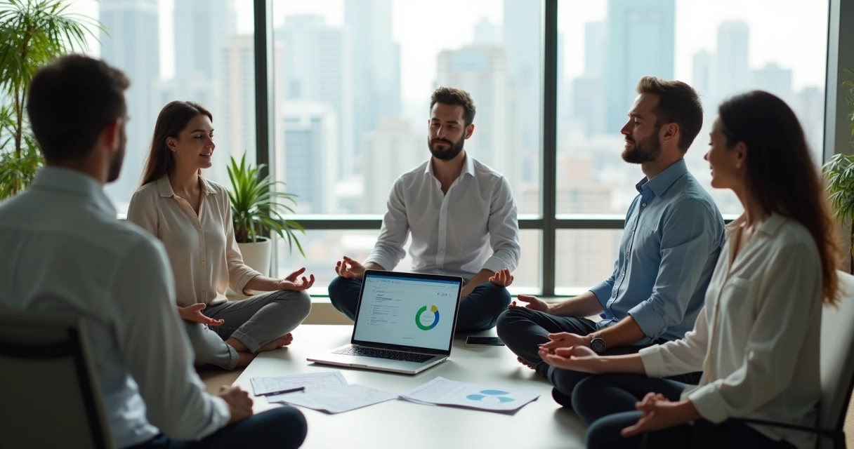 Equipe em sala de reunião praticando meditação guiada no ambiente corporativo 