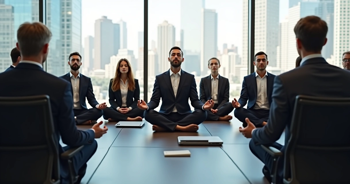 Grupo de profissionais em roupas formais sentados em círculo, praticando meditação em ambiente de escritório. 