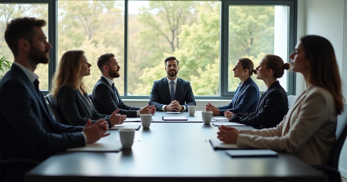 Grupo de profissionais sentados em sala de reunião praticando meditação guiada juntos 