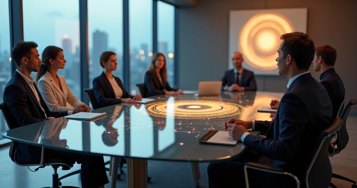 Profissionais em torno de mesa de reunião com centro luminoso em forma de círculo eletrônico 