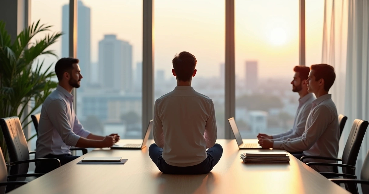 Profissional em meditação silenciosa em sala de reunião moderna 