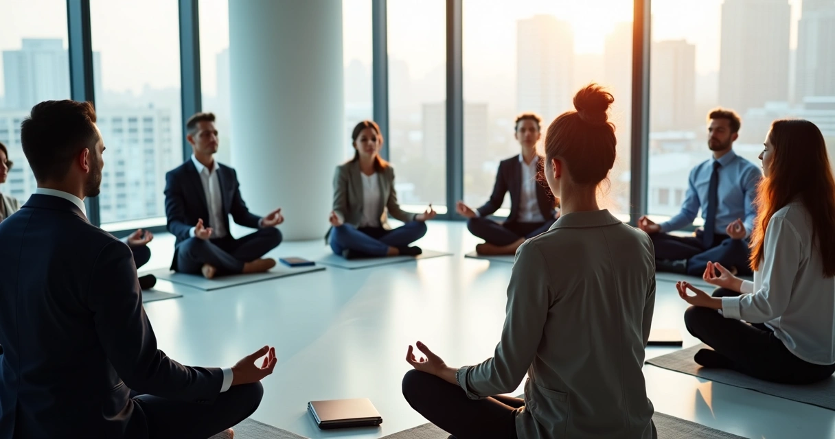 Grupo sentado em círculo, em sala de reuniões, praticando meditação juntos. 