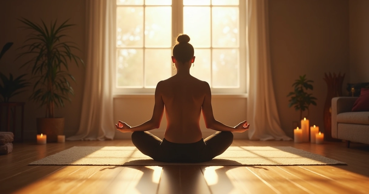 Pessoa sentada em posição de meditação em ambiente calmo, luz suave ao fundo 