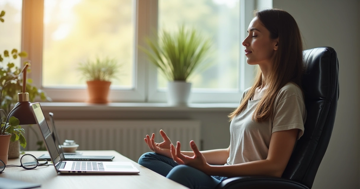 Pessoa realizando meditação sentada em cadeira de escritório 