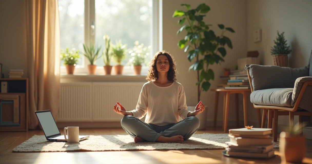 Pessoa sentada praticando meditação na sala de casa 