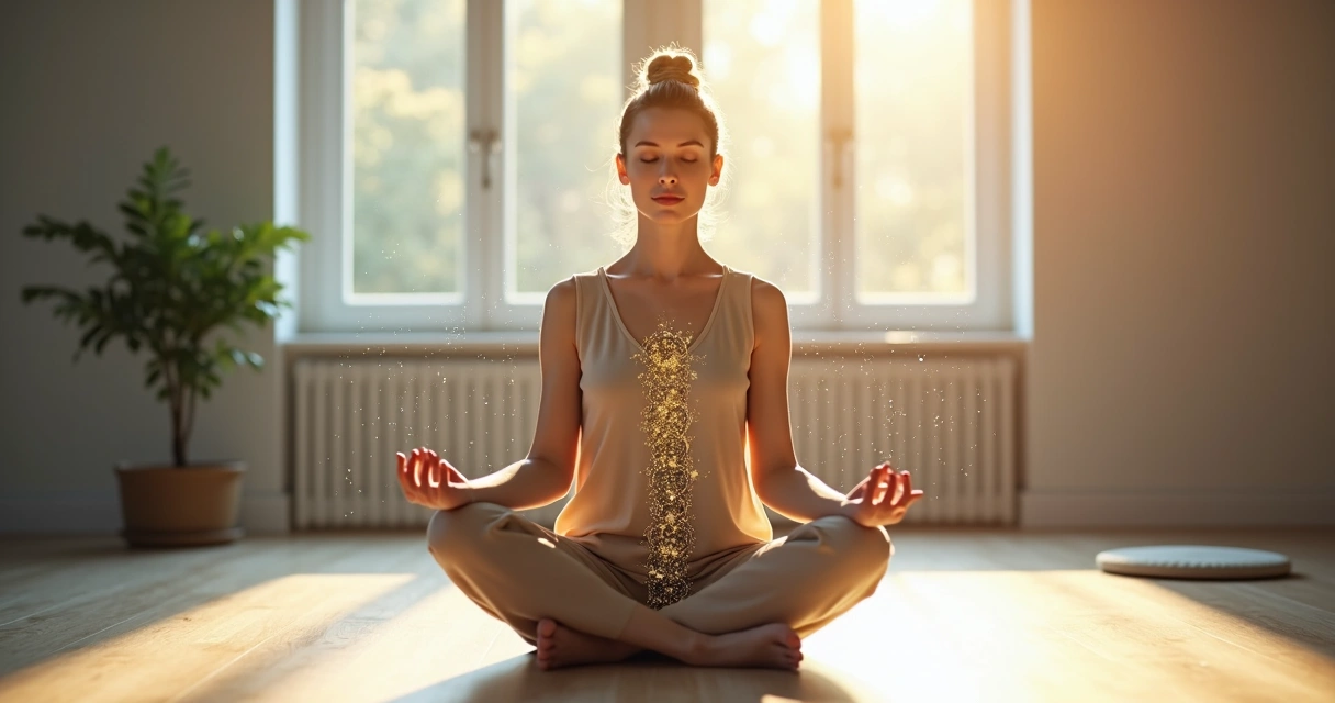 Pessoa meditando com correntes se dissolvendo em partículas de luz 