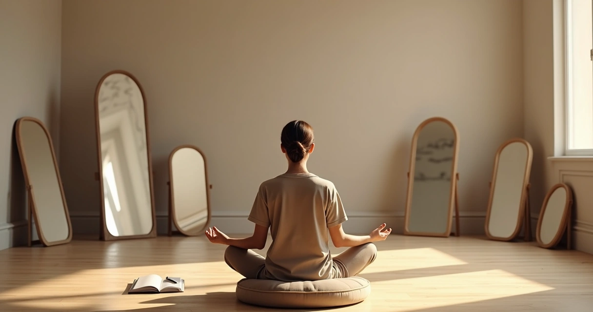 Pessoa iniciante em meditação sentada diante de múltiplos espelhos com reflexos claros e sombrios 