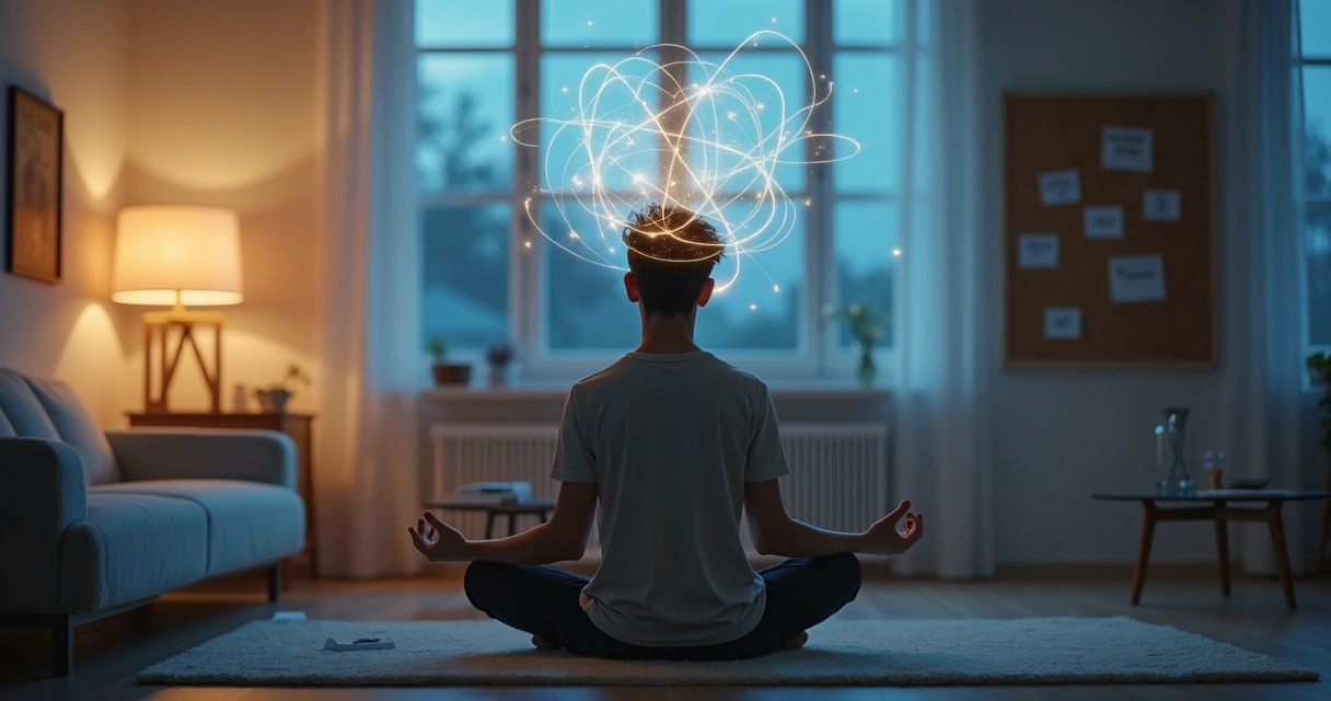 Pessoa meditando com papel de perguntas projetado ao redor da mente 