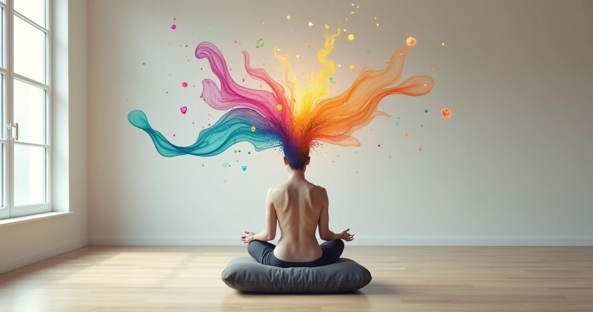 Pessoa meditando em sala vazia com ondas coloridas criativas flutuando ao redor 