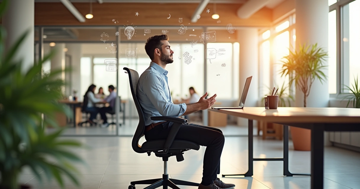 Profissional meditando em escritório moderno com elementos de criatividade ao redor 