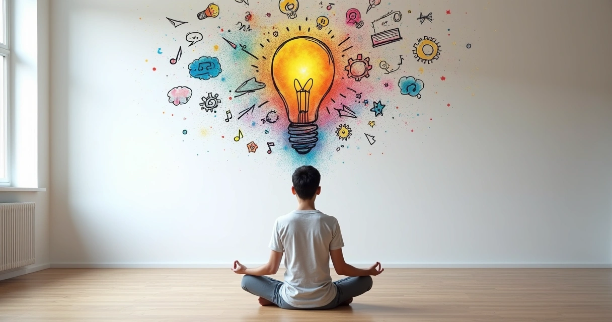 Pessoa meditando em frente a parede com desenhos coloridos representando ideias criativas 