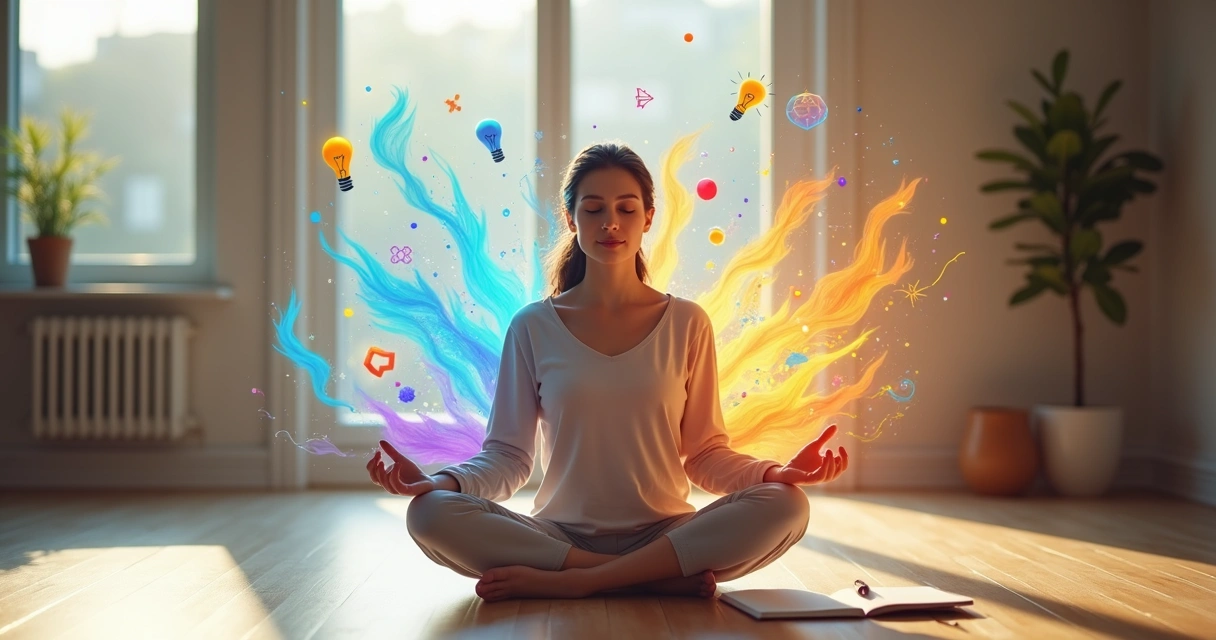 Pessoa meditando com fluxo colorido de ideias ao redor da cabeça 